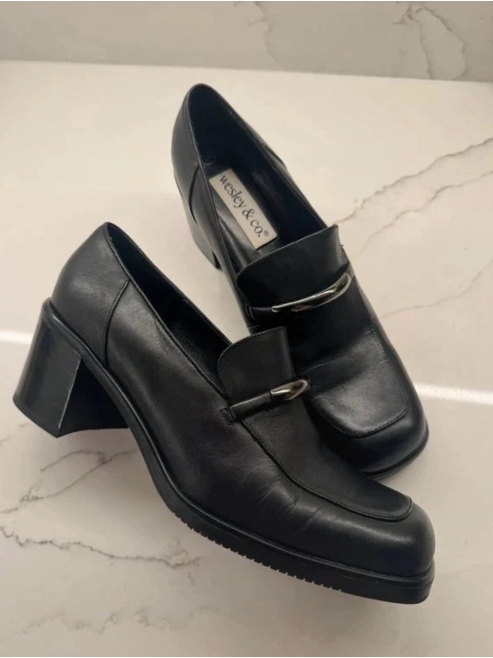 Vintage Y2K Wesley & Co Black Square Toe Loafer Pumps Size 10 Block Heel